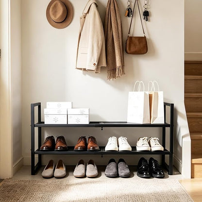 Expandable Shoe Rack,2 Tier Adjustable Metal Shoe Shelf for Closet,Sturdy Free Standing Shoe Storage for Door Entrance,Bedroom,Small Spaces,Black