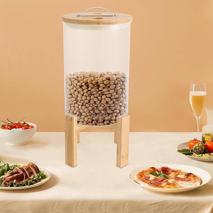 DYNAMI 8L/2.1Gal Glass Rice Storage Container with Airtight Lid,Glass Grain Container with Wood Stand and Thermometer,for Kitchen Organization Pantry Store