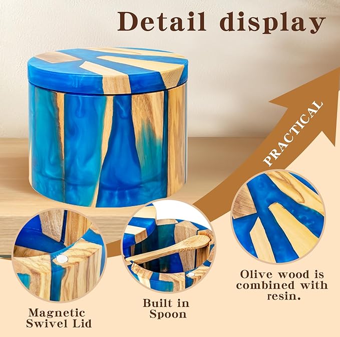 Handcrafted Salt Box Resin Wooden Container Swivel Lid with Magnetic to Easily Open Seal Salt Cellar Free Spoon for Storing Salt Pepper Sugar Herbs Small Spice Box Storage Kitchen Accessory