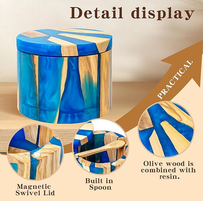 Handcrafted Salt Box Resin Wooden Container Swivel Lid with Magnetic to Easily Open Seal Salt Cellar Free Spoon for Storing Salt Pepper Sugar Herbs Small Spice Box Storage Kitchen Accessory