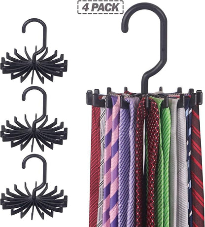 4 Pack Tie Rack Hanger Holder Hooks Organizer for Mens, 360 Degree Rotating Tie Racks, Black