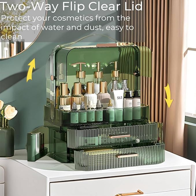 Green Drawers Portable Cosmetics Storage Box Transparent Lid Large Makeup Organizer Box Handle Waterproof Dustproof Skincare Display Cases for Countertop Bathroom Dresser