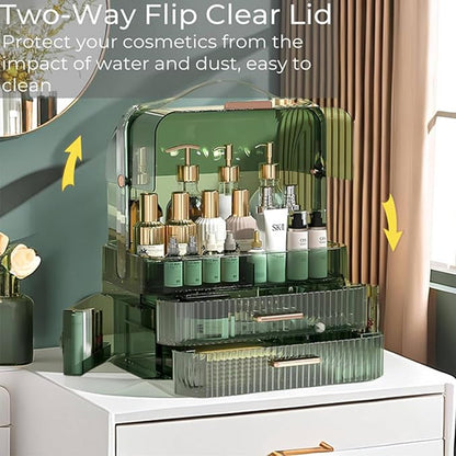 Green Drawers Portable Cosmetics Storage Box Transparent Lid Large Makeup Organizer Box Handle Waterproof Dustproof Skincare Display Cases for Countertop Bathroom Dresser