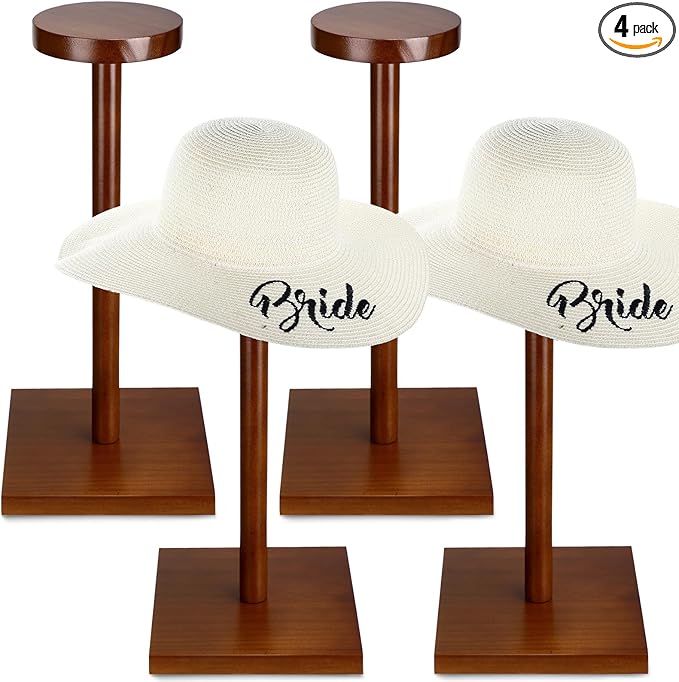 Weysat 4 Pack Wooden Hat Display Stand with Square Base Brown Rustic Vintage Hat Rack Holder for Wig Cap Helmet Boutique Jewelry Organizer for Home Store Tabletop Shelf Decor, 12 x 6 x 4 Inches