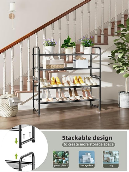 Standard Shoe Rack 2-Tier 32.5 Inches Wide, Shoe Organizer for Indoor Outdoor | Adjustable Metal Mesh Shelf Ideal for Home Entryway Closet & Garage Balcony | Black