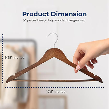 SereneLife 30 Pack Wooden Clothes Hangers – Heavy Duty Wood with Non-Slip Notches, 360° Swivel Chrome Hook & Pants Bar – Vintage Finish Suit Coat Hangers for Closet Organization