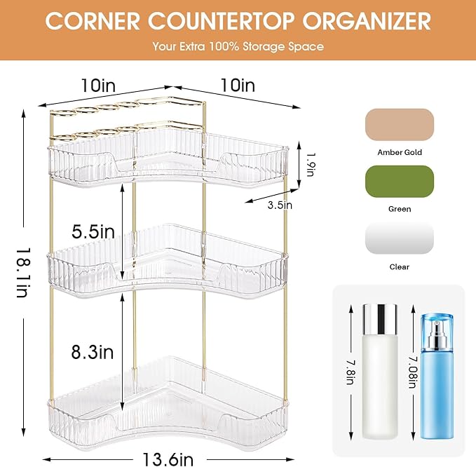 Corner Bathroom Counter Organizer, Vanity Trays for Bathroom, Skincare Makeup Organizer Shelf, Shelf Cosmetics, Toiletries, Lotions, Perfumes (3 Tiers, Clear)