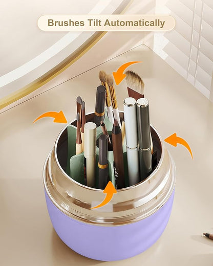 Anylady Makeup Brush Holder 360 Rotating, [Upgrade & with Cover] Makeup Brush Organizer for Vanity Countertop Bathroom (Purple)