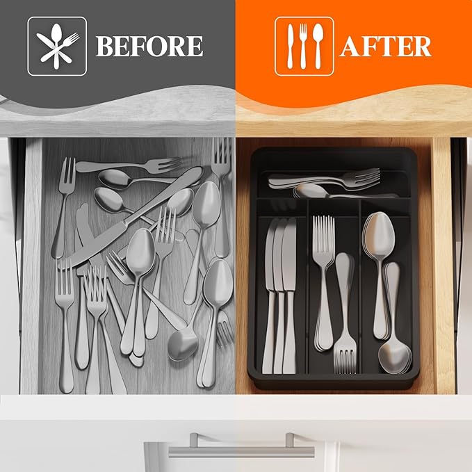 Lifewit Silverware Drawer Organizer Tray, Plastic Cutlery Storage for Kitchen, Flatware and Utensil Holder Divider for Spoons Forks Knives Tableware, 7.8 x 12.4", 4 Slots, Black