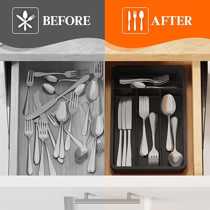 Lifewit Silverware Drawer Organizer Tray, Plastic Cutlery Storage for Kitchen, Flatware and Utensil Holder Divider for Spoons Forks Knives Tableware, 7.8 x 12.4", 4 Slots, Black
