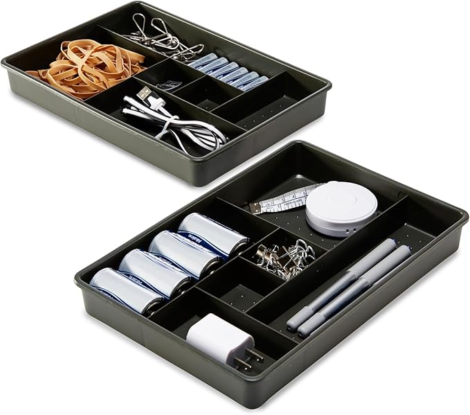 madesmart Set of 2 Plastic 6-Compartment Drawer Organizer Gadget Trays, Multipurpose Storage Bins for Drawers, Granite, 10.75 x 7.5 x 2.6 inches (Pack of 6)