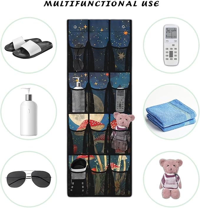 Moon Door Hanger Organizer 12 Pockets Over The Door Closet Organizer Space Saving Mushrooms Multi-Funtion Storage Bag for School