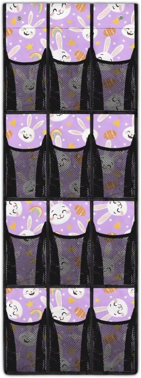 Space-Saving 12-Pocket Behind The Door Organizer, Waterproof Oxford Cloth Lightweight and Perfect for Bathroom Closet or Bedroom Use, Easter Bunny Eggs