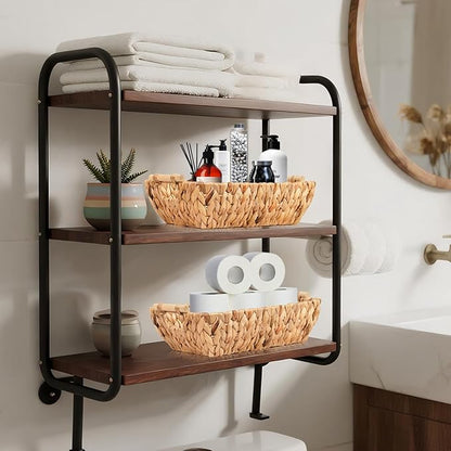 Wicker Storage Baskets with Wooden Handles, Hand-Woven Water Hyacinth Storage Organizers for Throw Blankets, Bedroom, Living Room, Laundry(2 Pack)