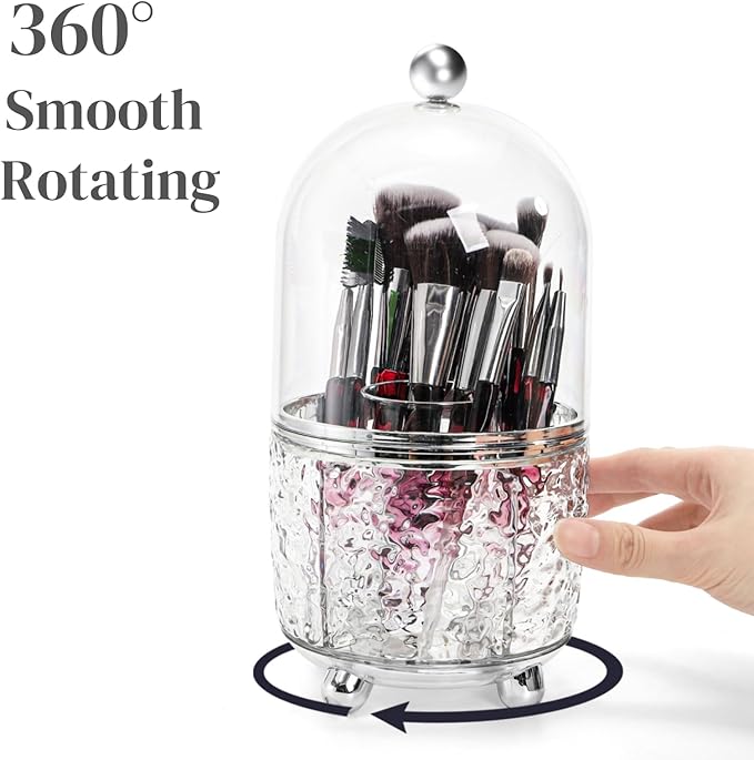 Eorbow Rotating Makeup Brush Holder, Dustproof Cosmetic Tools Organizer with Lid, 360° Spinning Covered Brushes Storage with Anti-slip Pads for Vanity, Bathroom Countertop & Bedside Table, Clear