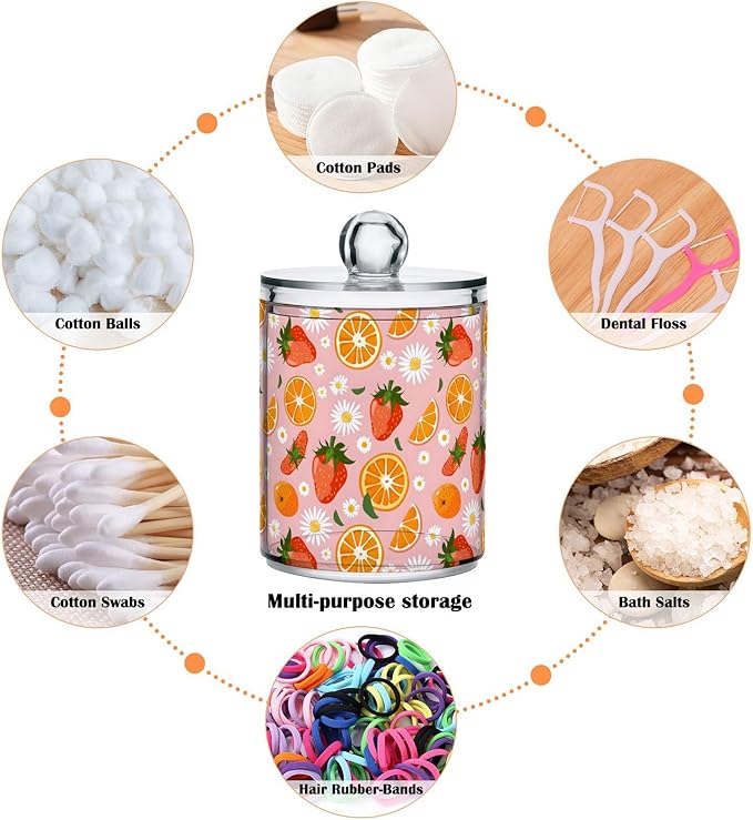ALAZA 2pcs Strawberry Orange Fruit Daisy Flower Qtip Holder Dispenser 14 oz Bathroom Storage Clear Apothecary Jars Containers Cotton Ball,Cotton Rounds,Floss Picks, Hair Clips, Food
