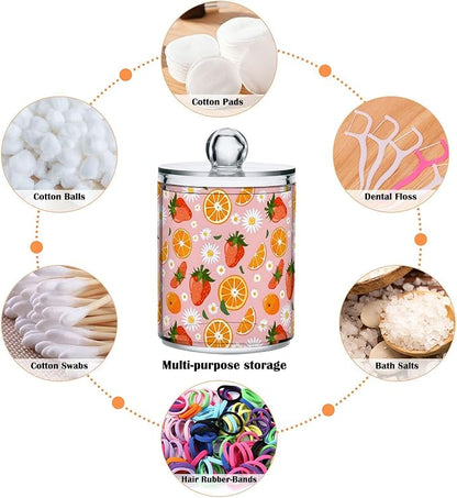 ALAZA 2pcs Strawberry Orange Fruit Daisy Flower Qtip Holder Dispenser 14 oz Bathroom Storage Clear Apothecary Jars Containers Cotton Ball,Cotton Rounds,Floss Picks, Hair Clips, Food