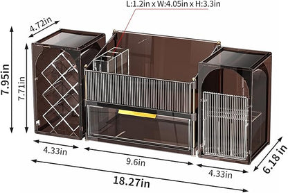 Makeup Organizer for Vanity with Brush Holder, Large Bathroom Countertop Cosmetic Organizer Skin Care Storage, Easy to Store Lipsticks, Nail Polishes, Perfumes (Brown+Transparent)