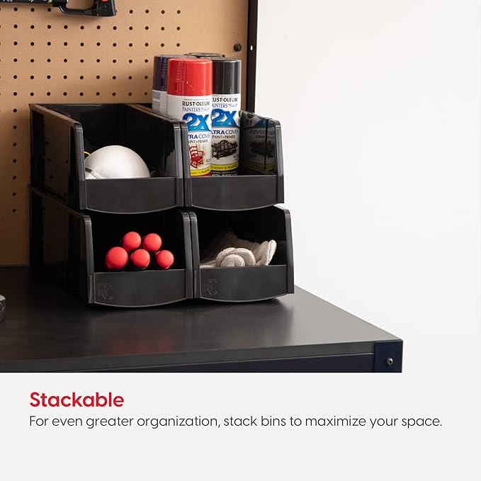 IRIS USA Medium Stackable Storage Bins, 4-Pack, 11" L x 6" W x 5" H, |Made in USA|, Plastic Open Front Shelf Bin for Organizing Parts, Hardware, Tools, Supplies, Garage Shelf, Pantry - Black