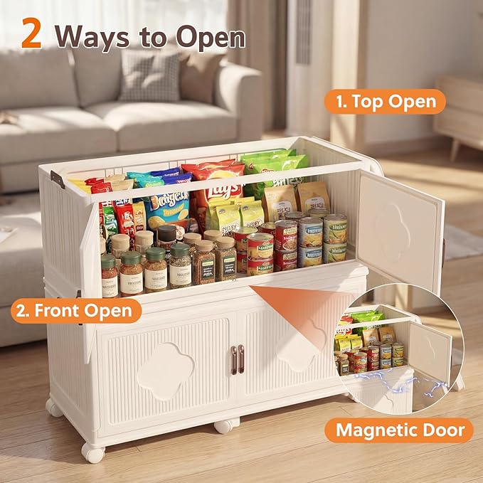 Stackable Storage Bins with Lid & Wheels, 136 Gal/544 Qt Clover Extra Large Plastic Storage Containers, Foldable Collapsible Organizer Box for Garage, Pantry, Closet (4-Pack, Cream White)