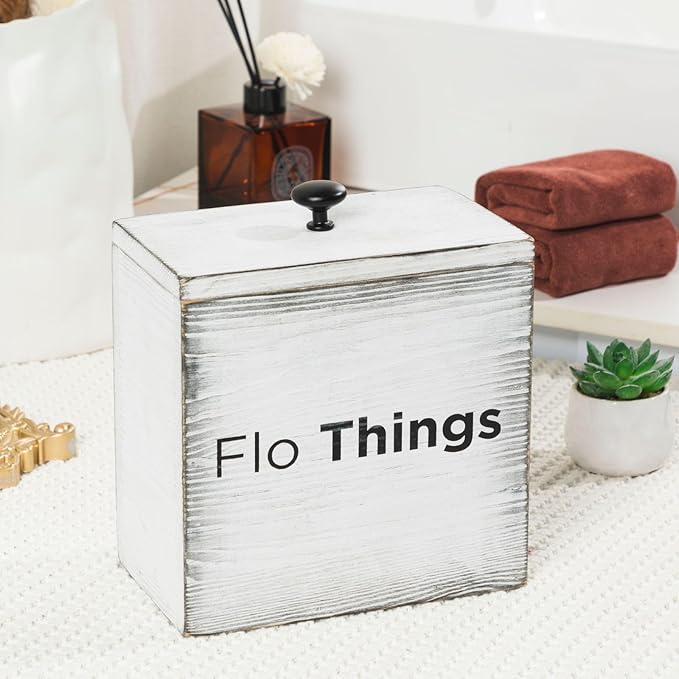 GoFika Tampon Holder for Bathroom| Feminine Product Organizer| Pad Container with Lid White| Girls Stuff Storage Box Rustic Real Wood