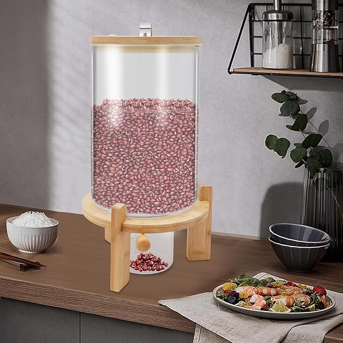 Rice Dispenser, 7.5L Glass Rice Container Cereal Container with Bamboo Stand Large Food Storage Container Flour Organization with Airtight Lid & Measuring Cup for Grain Legumes (7.5L)