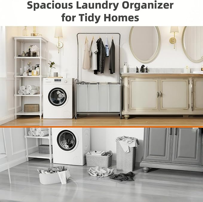 ROMOON Laundry Hamper Sorter Cart: 4 Section Organizer with Hanging Bar and Heavy-duty Lockable Wheels | 180L Rolling Laundry Basket with Clothes Rack in Laundry Room or Small Spaces (Grey)