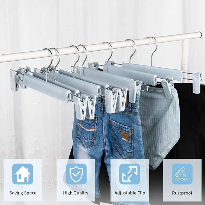 20 Pack Skirt Hangers with Adjustable Anti-Rust Clips for Pants, Skirts, Clothes Hangers, Light Blue