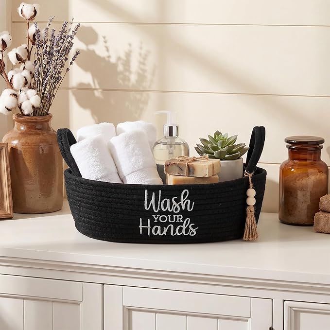 Wash Your Hands Bathroom Decoration Black Cotton Rope Toilet Basket Toilet Paper Holder Basket Rustic Bathroom Organizer Farmhouse Home Decoration Organizing Small Baskets