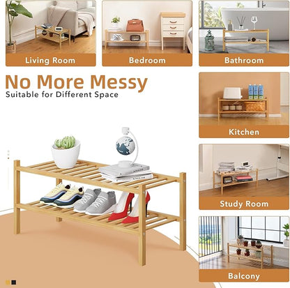 2 Tier Bamboo Shoe Rack Storage Organizer for Closet, Multifunctional Stackable Free Standing Shoe Shelf Organizer for Small Space,Entryway,Hallway,Bathroom 27"x11"x13"(Natural, 2 Tier)