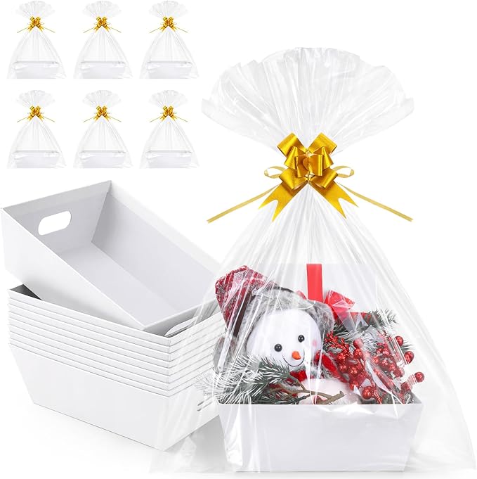 AFOROEOA 10PACK Baskets For Gifts Empty, 10 x 8”Thick White Gift Basket with 10 Clear Gift Bags and 10 Pull Bows, Empty Gift Baskets for Christmas, Thanksgiving Wedding Birthday Party Wrapping Gift