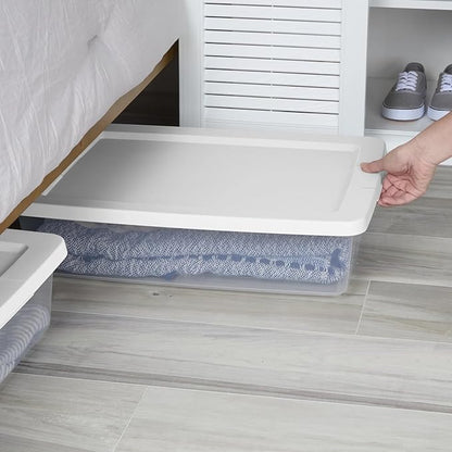 Small Storage Bin, 28 Quart Clear Plastic Storage Container with Snap-On Lid, White