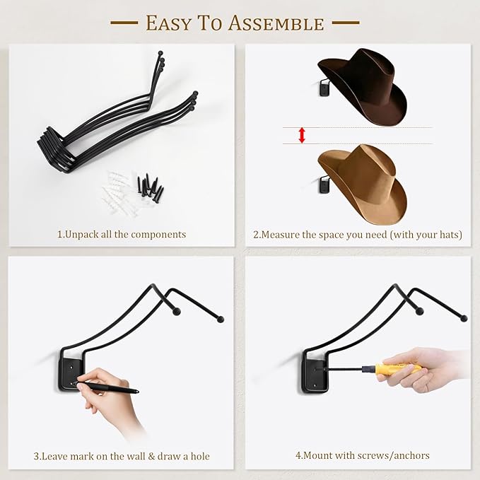SEKSON Cowboy Hat Rack for Wall, Hat Holder Wall Mount, Western Rustic Metal Hat Hanger, Hat Hooks for Cowboy Hat, Fedora, Sun Hats, Wide Brim Hat Organizer (4 Pack)