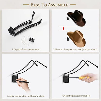 SEKSON Cowboy Hat Rack for Wall, Hat Holder Wall Mount, Western Rustic Metal Hat Hanger, Hat Hooks for Cowboy Hat, Fedora, Sun Hats, Wide Brim Hat Organizer (4 Pack)