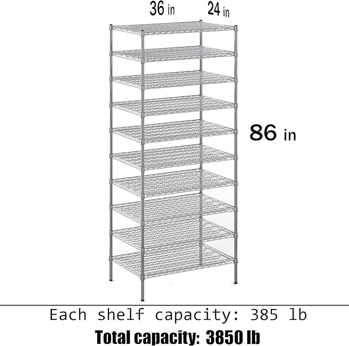 24" Deep x 36" Wide x 86" Height Wire Shelving Kit | 10-Tier | NSF Commercial Storage Rack Unit