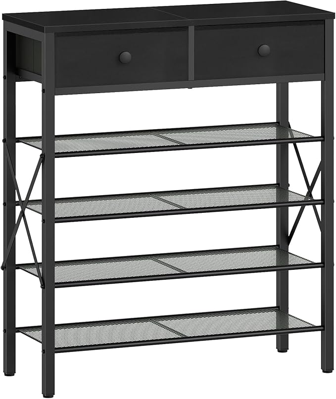 YATINEY 5 Tier Shoe Rack, Large Capacity Shoe Storage Organizer, Metal Shoe Shelf with Drawer and Wooden Top, for 20 Pairs of Shoes, for Entryway, Closet, Black SS25BB