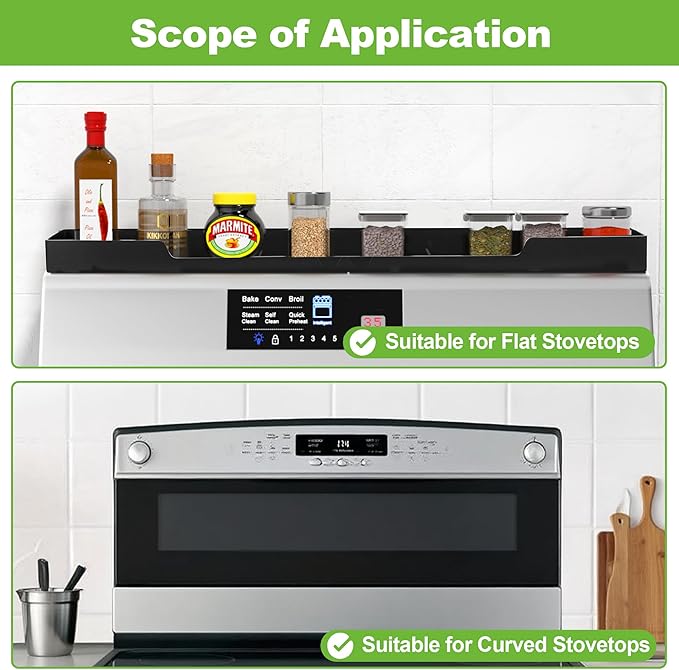 30 Inch Magnetic Stove Top Shelf | 3-Zone Kitchen Organizer with Anti-Slip & Anti-Fall Design | Heat Resistant (-40°F to 446°F) Food-Grade Silicone Spice Rack for Flat-Top Stoves, Black
