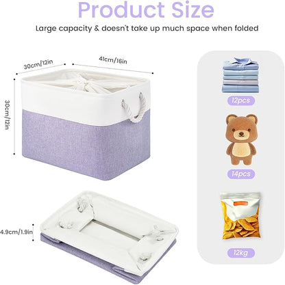 Large Storage Baskets- 16x12x12 inch Storage Bins for Shelves and Closet Organizing, Foldable Fabric Bin for Home Organization Clothes and Laundry (1-Pack, White&Purple)