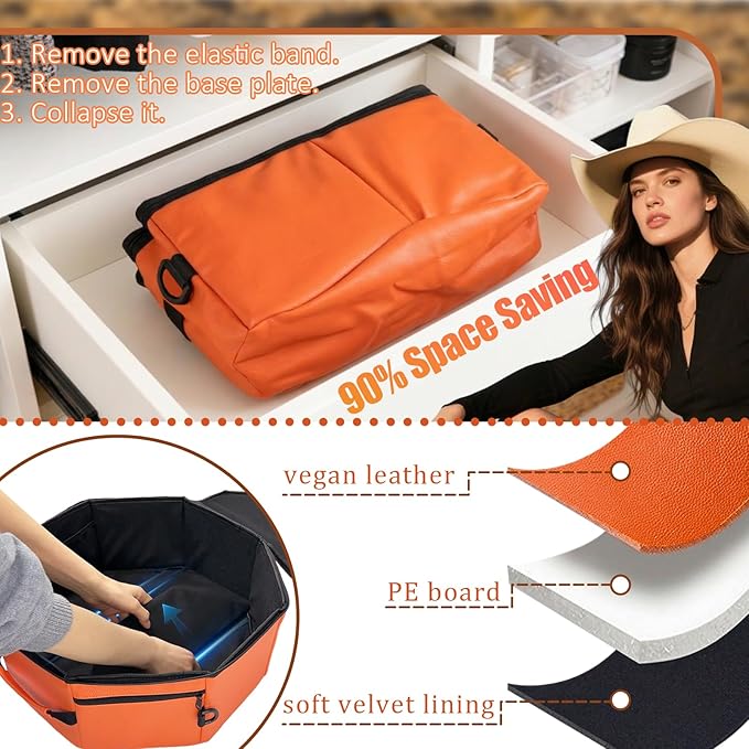 Vegan Leather Hat Box,Large Octagonal Hat Travel Fits 5 Cowboy or Wide-Brim Hats,Padded Hat Storage Organizer with Trolley Sleeve,Clear Window & Shoulder Strap,for Travel or Home Organization, Orange