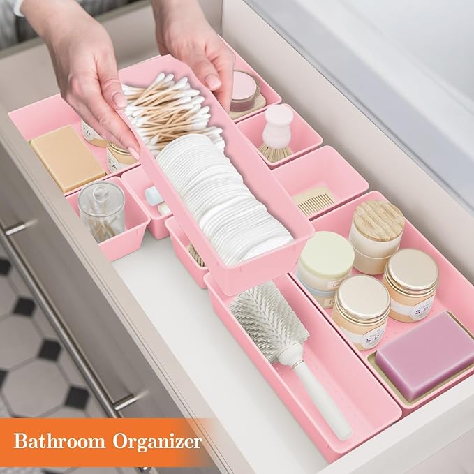 SpaceHacks 25 PCS Plastic Drawer Organizer Set, 4-Size Versatile Organizer Trays & Storage Bins for Makeup, Jewelry, and Gadgets in Bathroom, Bedroom and Office, Pink