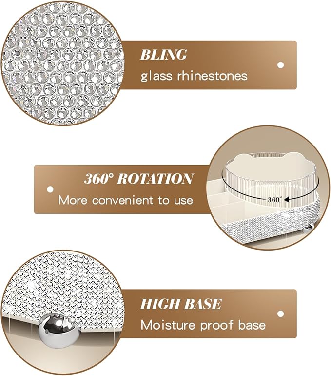 360° Rotate Bling Makeup Organizer for Vanity Cosmetic Countertop Rhinestones Makeup Brush Holder Skincare Organizers Desk Storage Accessories