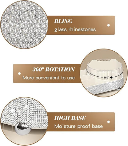 360° Rotate Bling Makeup Organizer for Vanity Cosmetic Countertop Rhinestones Makeup Brush Holder Skincare Organizers Desk Storage Accessories