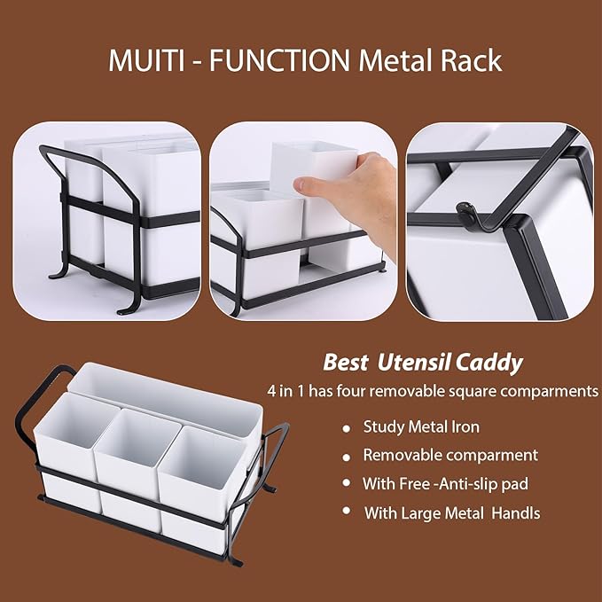 Silverware Caddy Metal Utensil Holder for Party Countertop Silverware Utensil Caddy Cutlery Flatware Organizer for Spoons Forks Plates Napkins white&Black