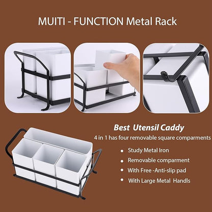 Silverware Caddy Metal Utensil Holder for Party Countertop Silverware Utensil Caddy Cutlery Flatware Organizer for Spoons Forks Plates Napkins white&Black