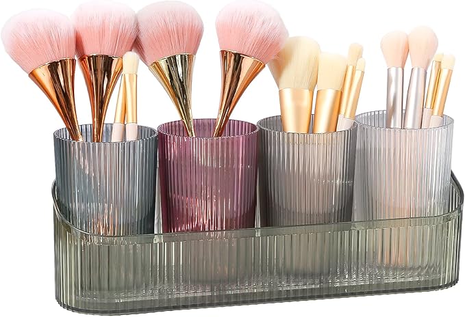 DASITON Makeup Brush Holder Organizer with 4 Cup, Vintage Striped Make Up Brush Holder for Vanity, Bathroom Toothbrush Holders, Acrylic Cosmetic Brushes Storage Organizer Pen Holder (Green+Multicolor)