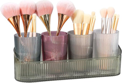DASITON Makeup Brush Holder Organizer with 4 Cup, Vintage Striped Make Up Brush Holder for Vanity, Bathroom Toothbrush Holders, Acrylic Cosmetic Brushes Storage Organizer Pen Holder (Green+Multicolor)
