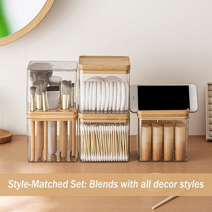 Clear Makeup Brush Organizer with Lid, Freestanding 16-Slot Display Case Container Storage for Eyeliners, Lip Liners, Pencils Vanity or Bathroom Countertop Storage