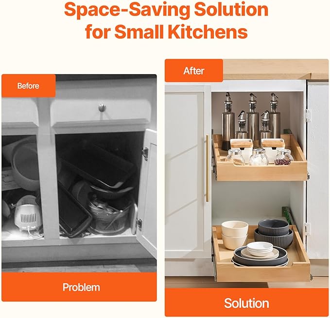 VEVOR Pull Out Cabinet Organizer, 14"W x 21"D Cabinet Drawer, Soft Close Slide out Shelf, Heavy-Duty Sliding Wood Drawer, Bottom Mount Size（14.5"W x 23"D）and Side Mount Size（15"W x 23"D）