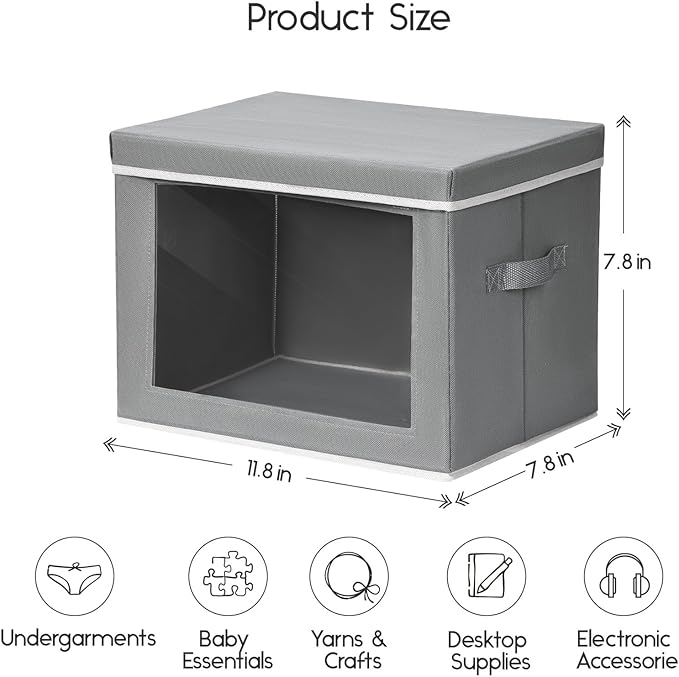 Homsorout Storage Bins with Lids - Small Fabric Organizers with Window, Collapsible Storage Bins for Clothes, Decorative Closet Organizers for Towels, Tshirt, 3 Pack, Grey