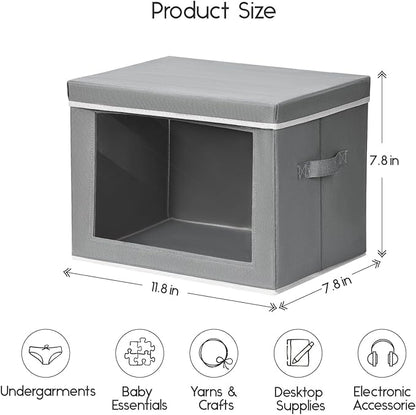 Homsorout Storage Bins with Lids - Small Fabric Organizers with Window, Collapsible Storage Bins for Clothes, Decorative Closet Organizers for Towels, Tshirt, 3 Pack, Grey